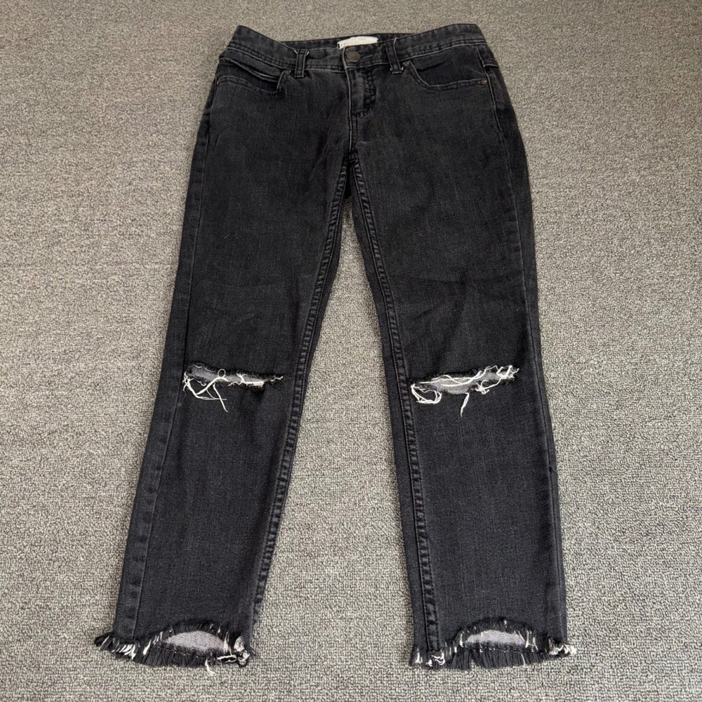 Free People Distressed Ankle Jeans Black Frayed Raw Hem Size 26 Grunge Casual